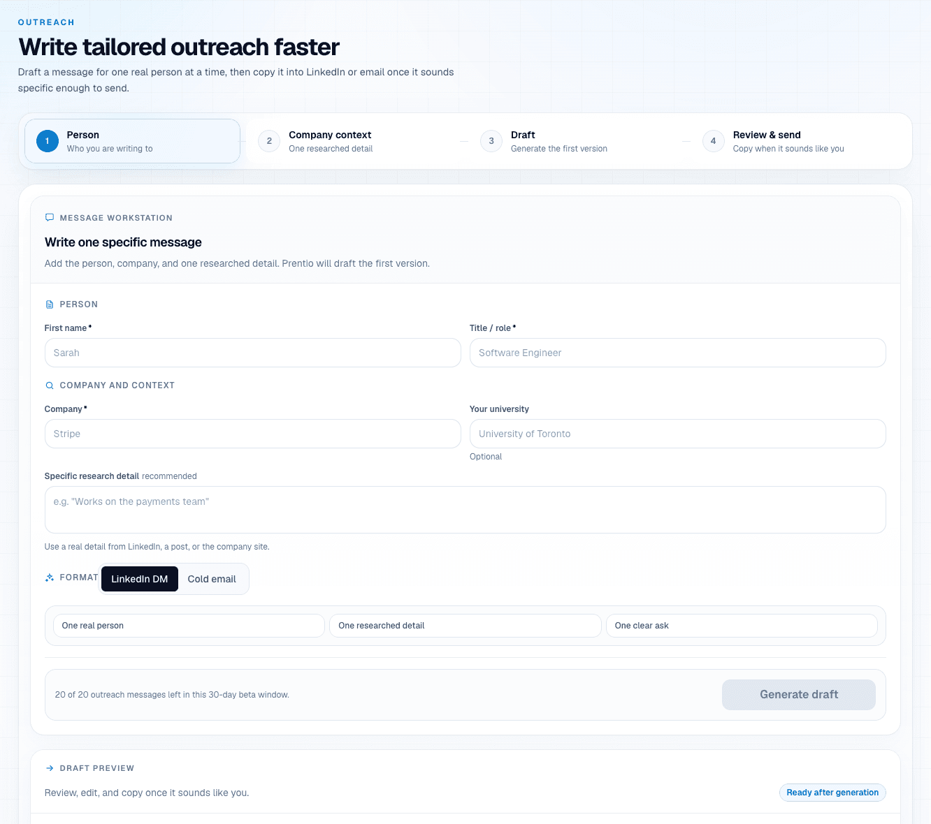 Prentio outreach composer with fields for a person, company, role, research detail, format, and output preview.