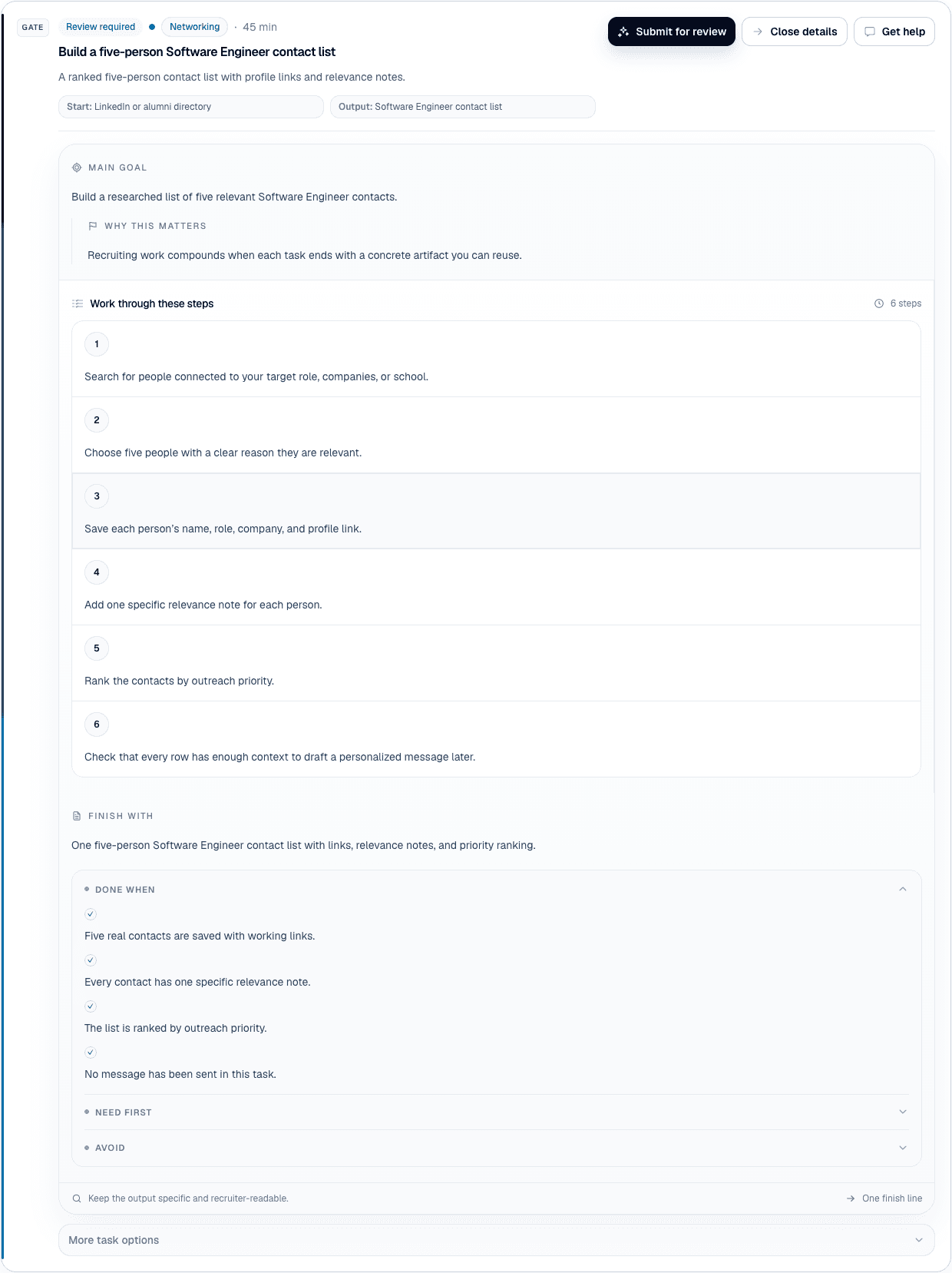 Prentio task cards showing time estimates, outputs, review actions, details, and help.